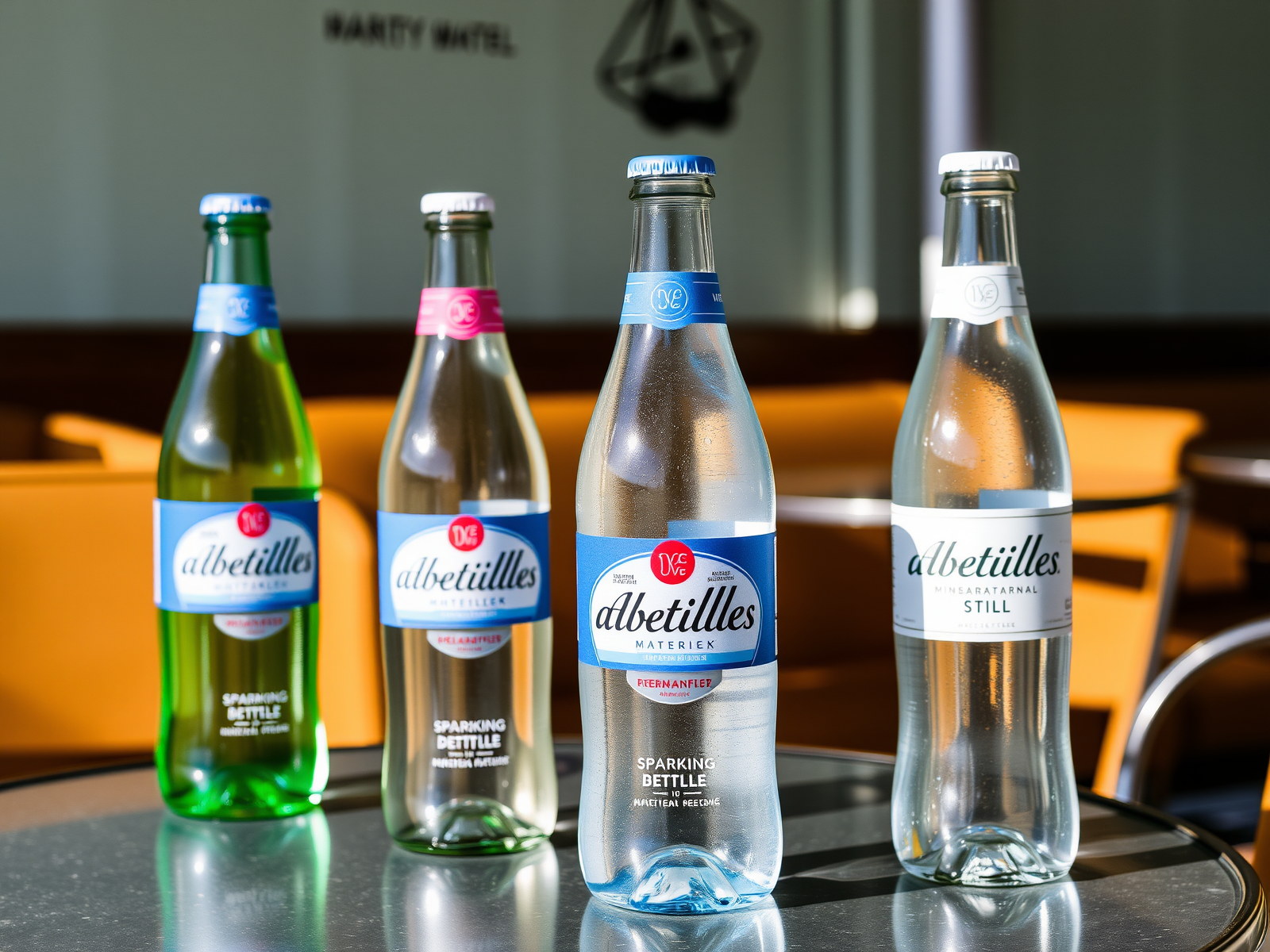 Bouteilles d’eau minérale Abatilles et verres sur table.