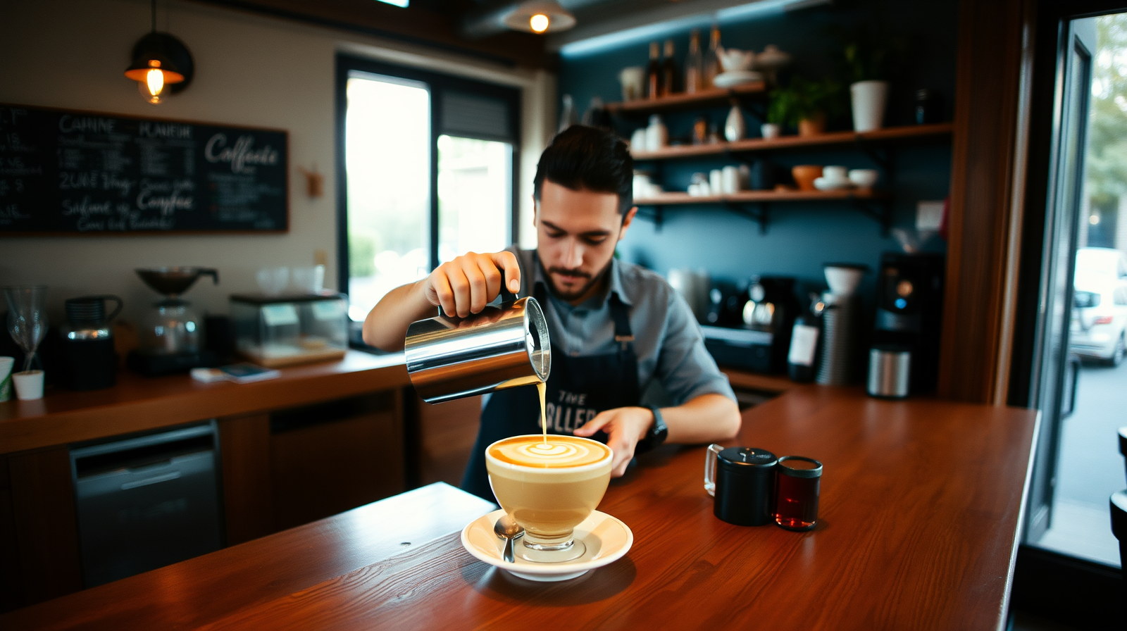 Barista préparant un café avec latte art sur un comptoir en bois.