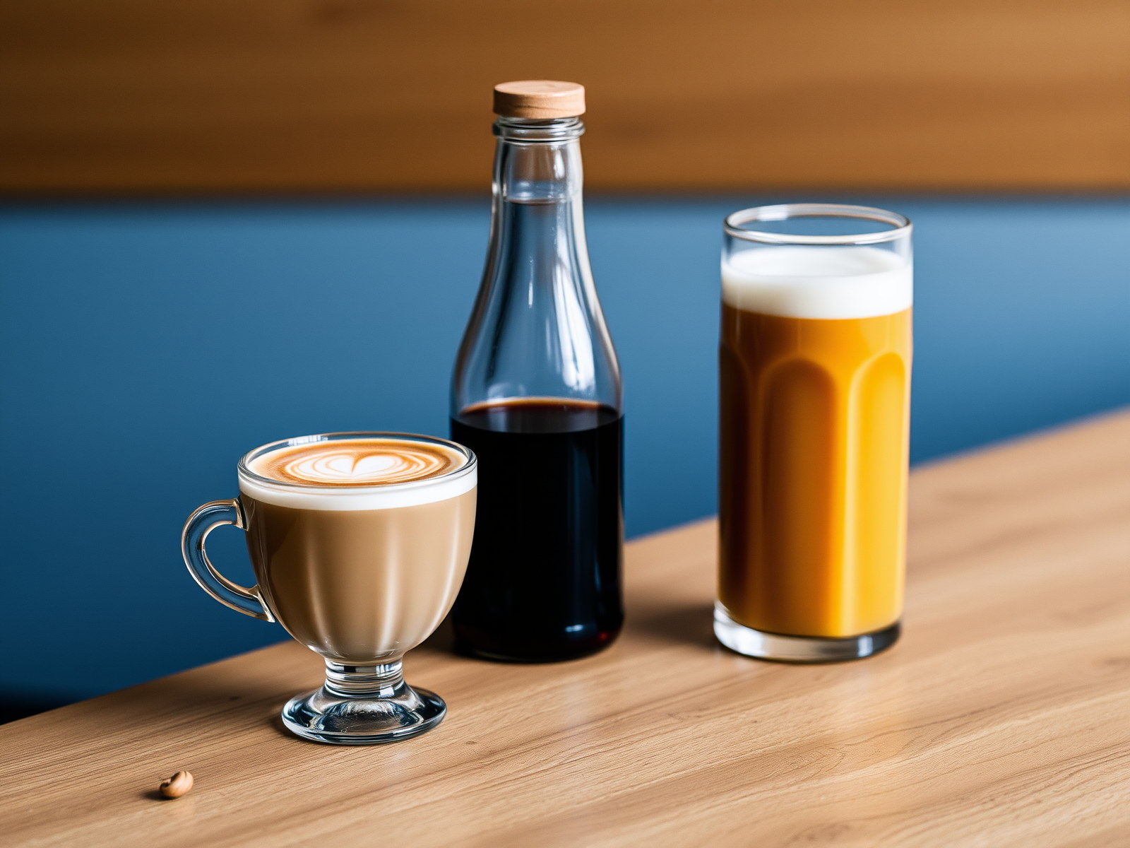 Latte art et boissons maison sur un comptoir.