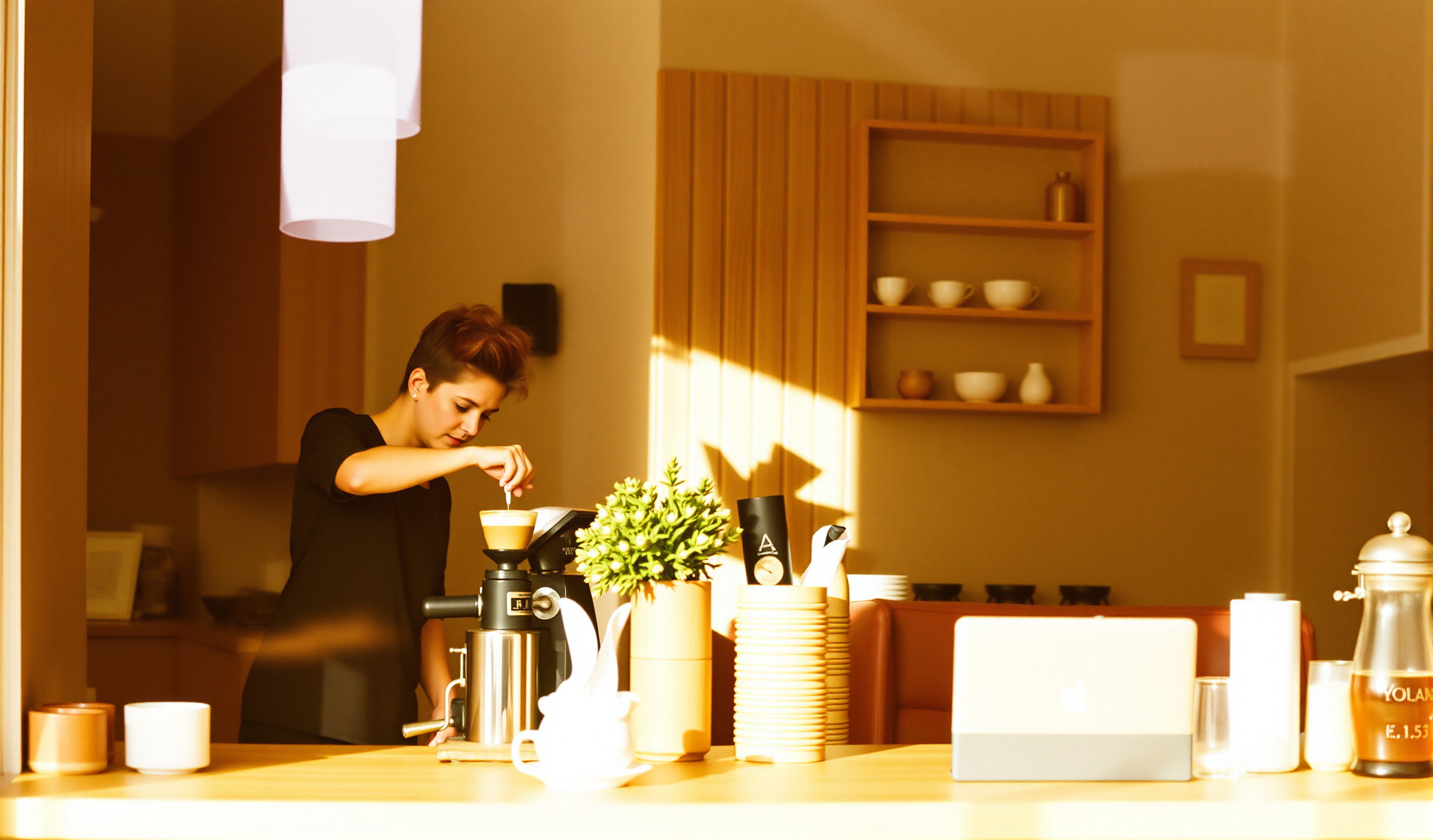 Intérieur chaleureux d’un coffee shop à Bordeaux, barista préparant un café.