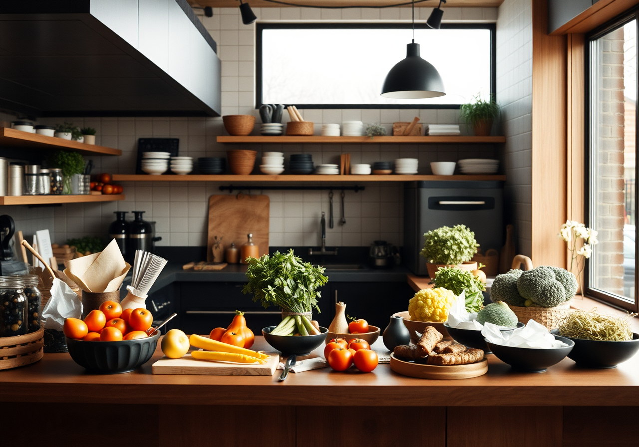 Cuisine ouverte avec produits de saison prêts à être préparés.
