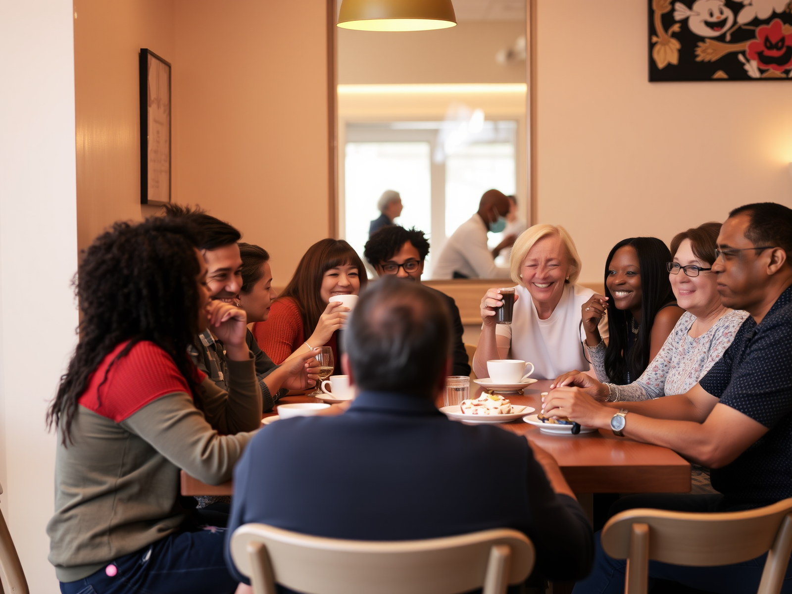 Table conviviale avec différentes personnes partageant café et gâteaux.