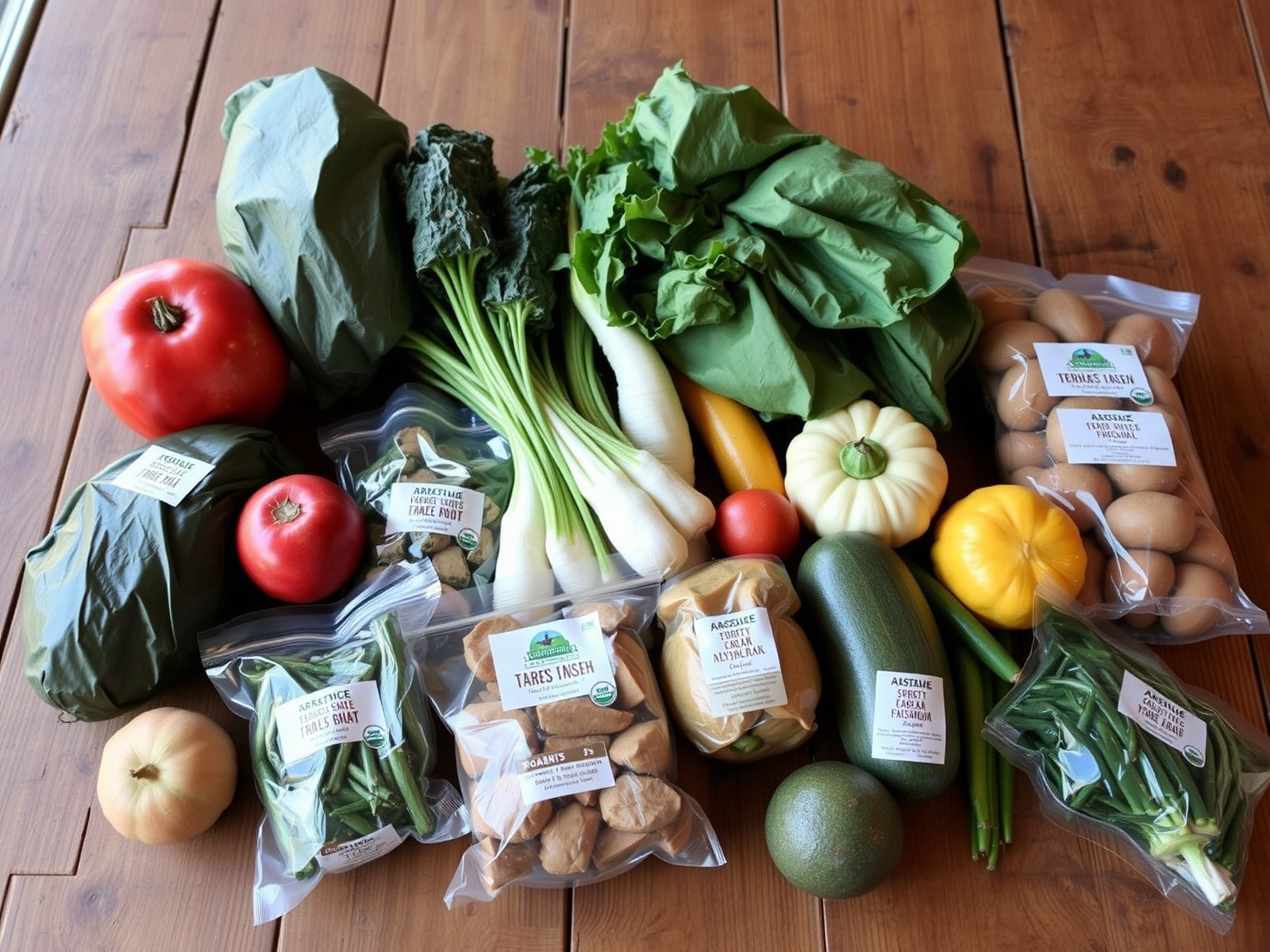 Produits locaux et étiquetés bio sur une table en bois.