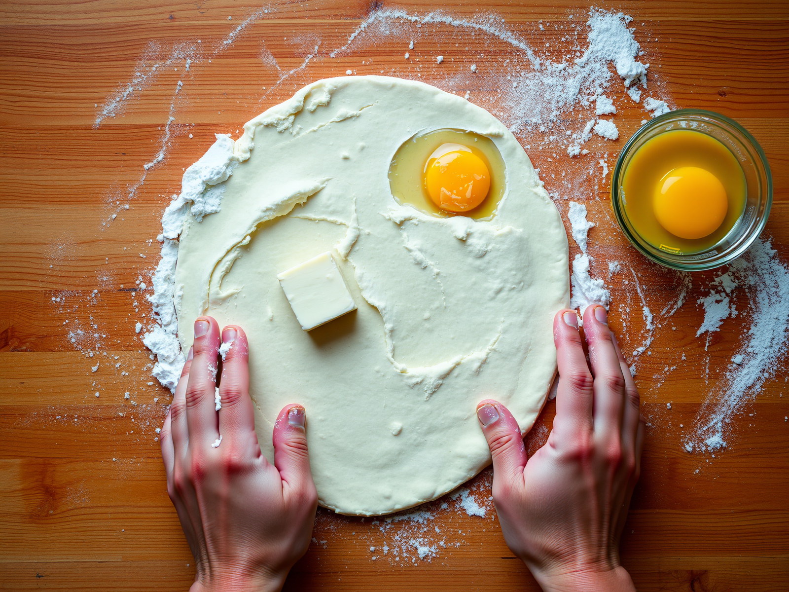 Mains en train de préparer une pâtisserie avec des ingrédients bruts.