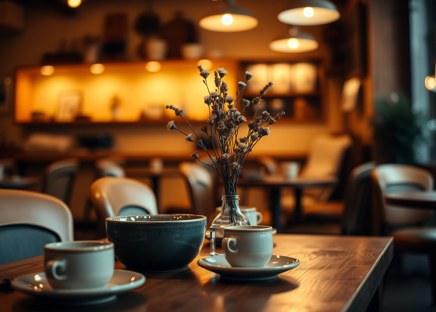Ambiance cosy du café avec lumière douce et vaisselle simple.