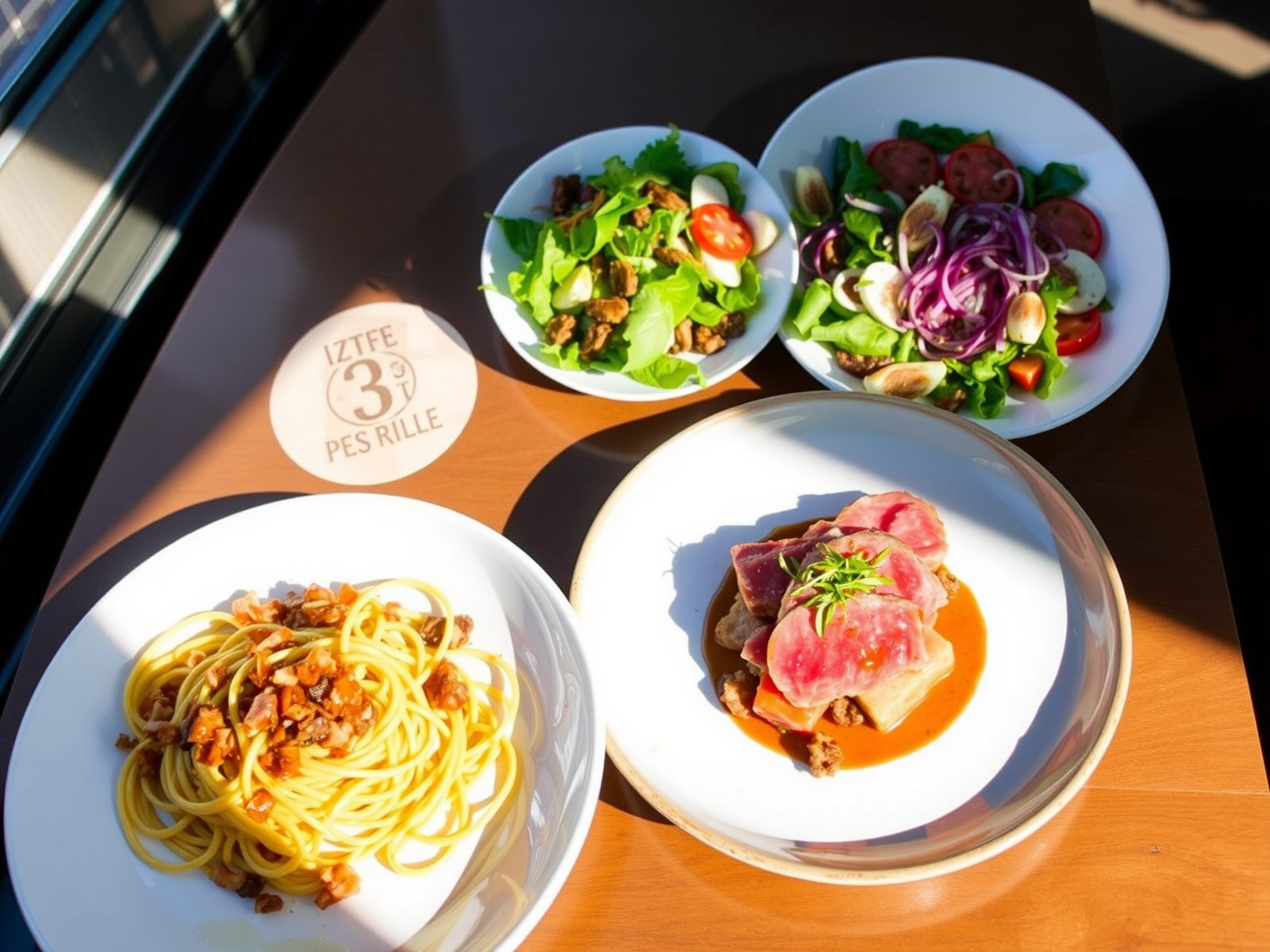Assiettes de saison: pâtes, tartare, salades colorées.