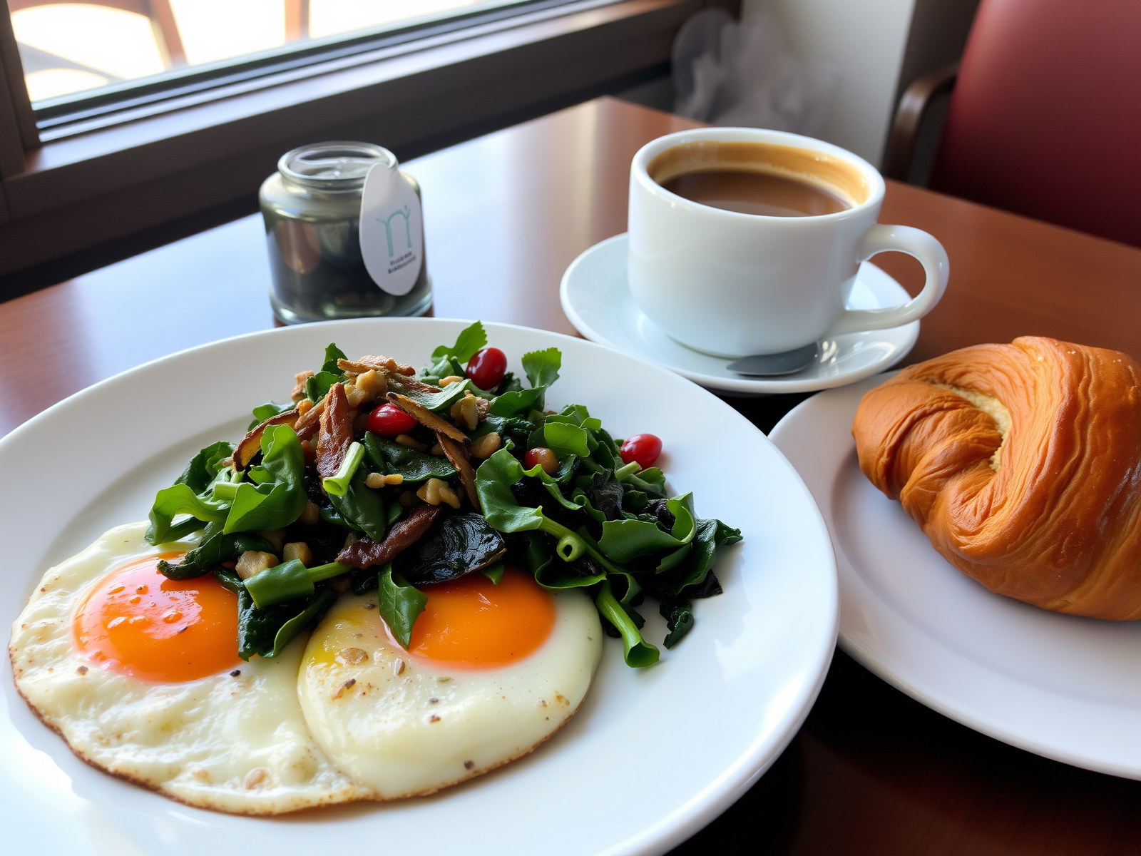Brunch équilibré avec assiette salée, viennoiseries et boisson chaude.