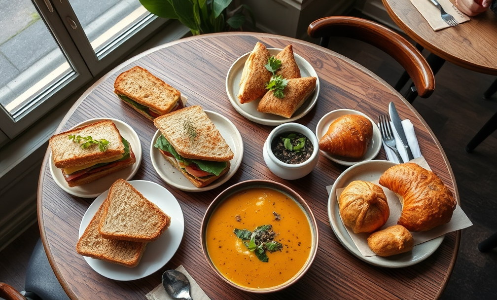 Assiettes de saison, sandwichs maison et pâtisseries sur une table en bois.