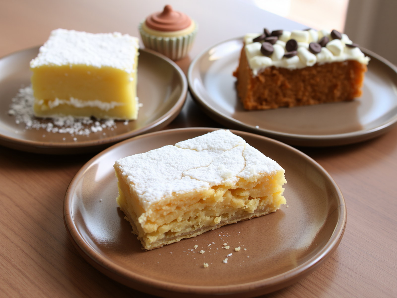 Sélection de pâtisseries maison: lemonsquare, brownie blanc, gulrotkake, s’more bar.