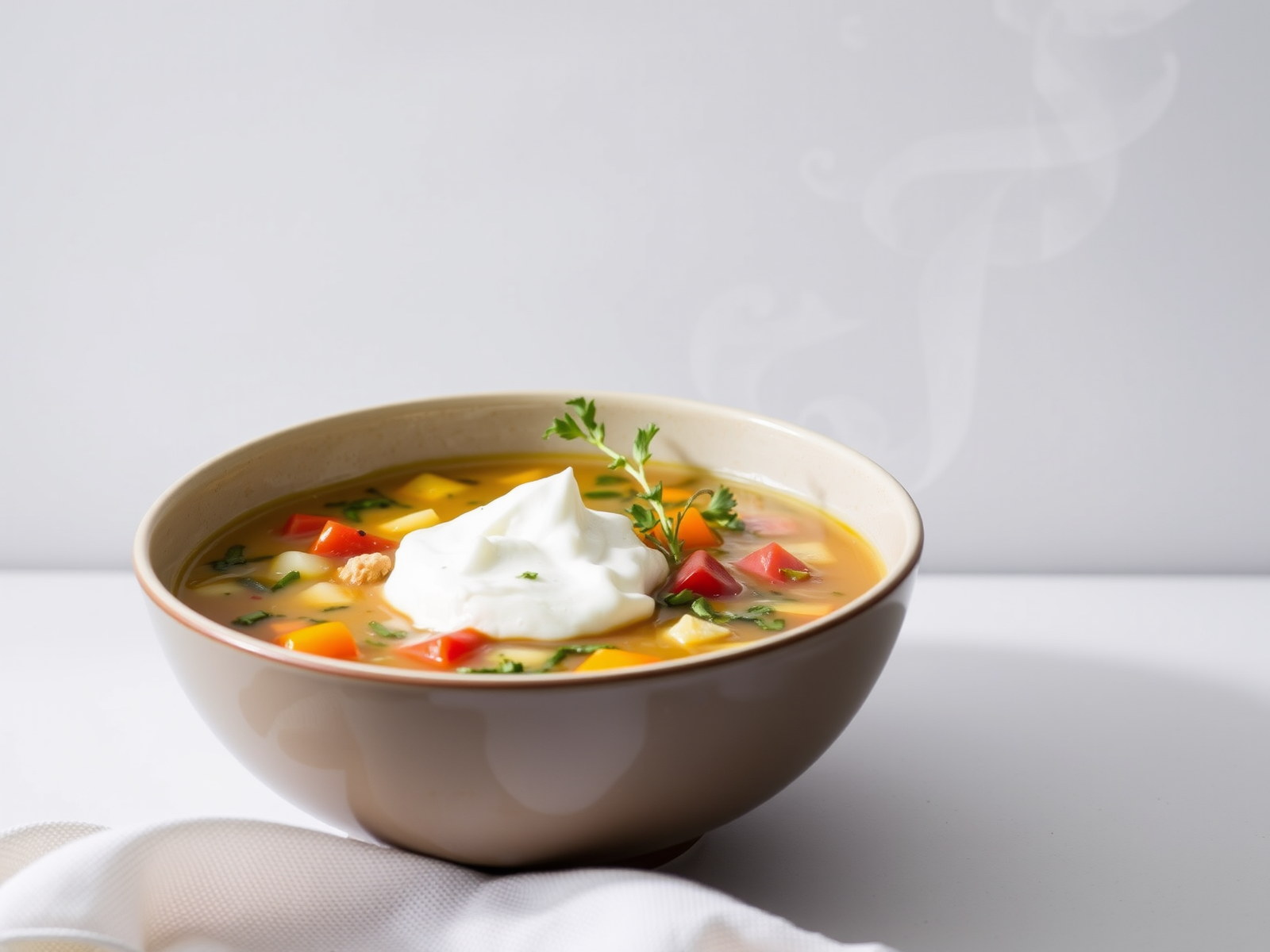 Bol de soupe de saison avec herbes fraîches.