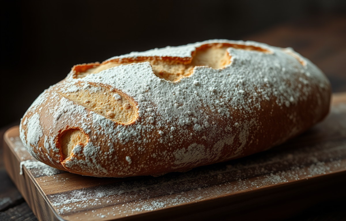Pain artisanal croustillant sur planche en bois.