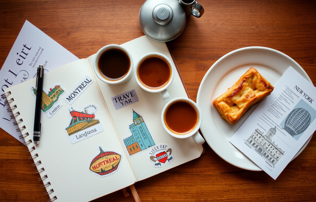 Carnet de voyage, tasses de café et pâtisseries évoquant Oslo, Montréal, Londres et New York.