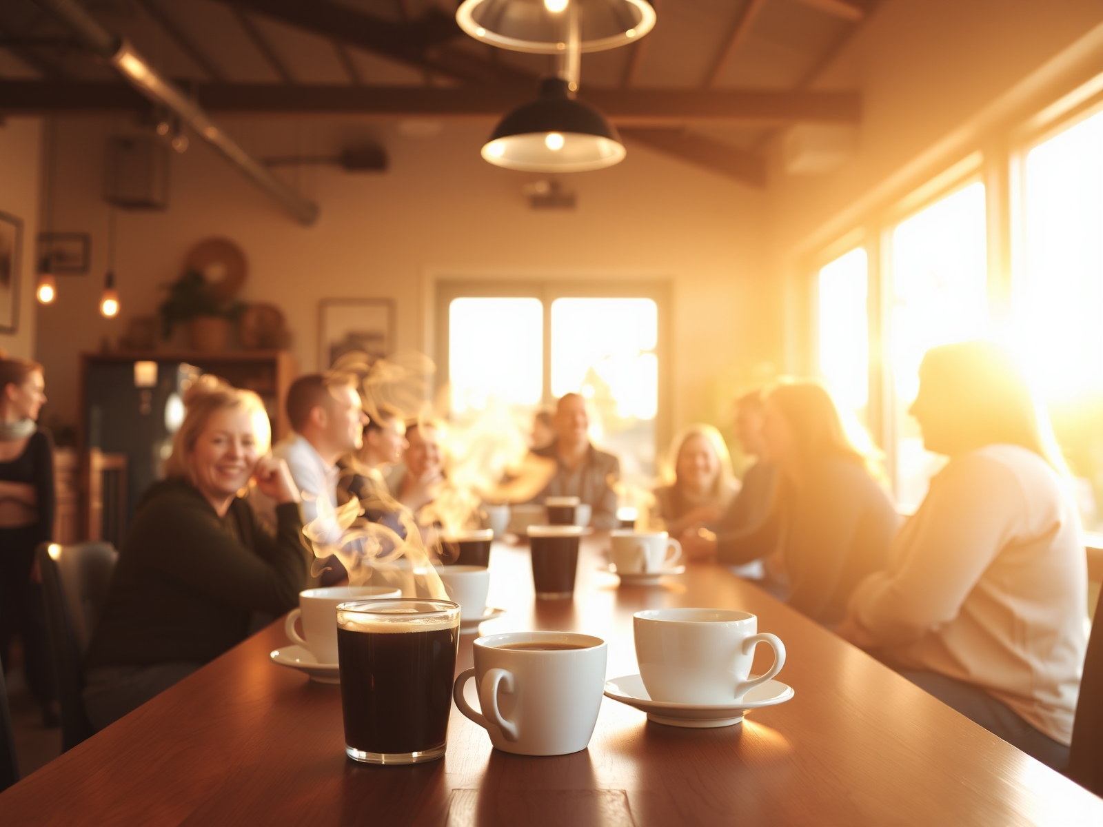 Ambiance chaleureuse, grande table conviviale, sourires et café fumant.